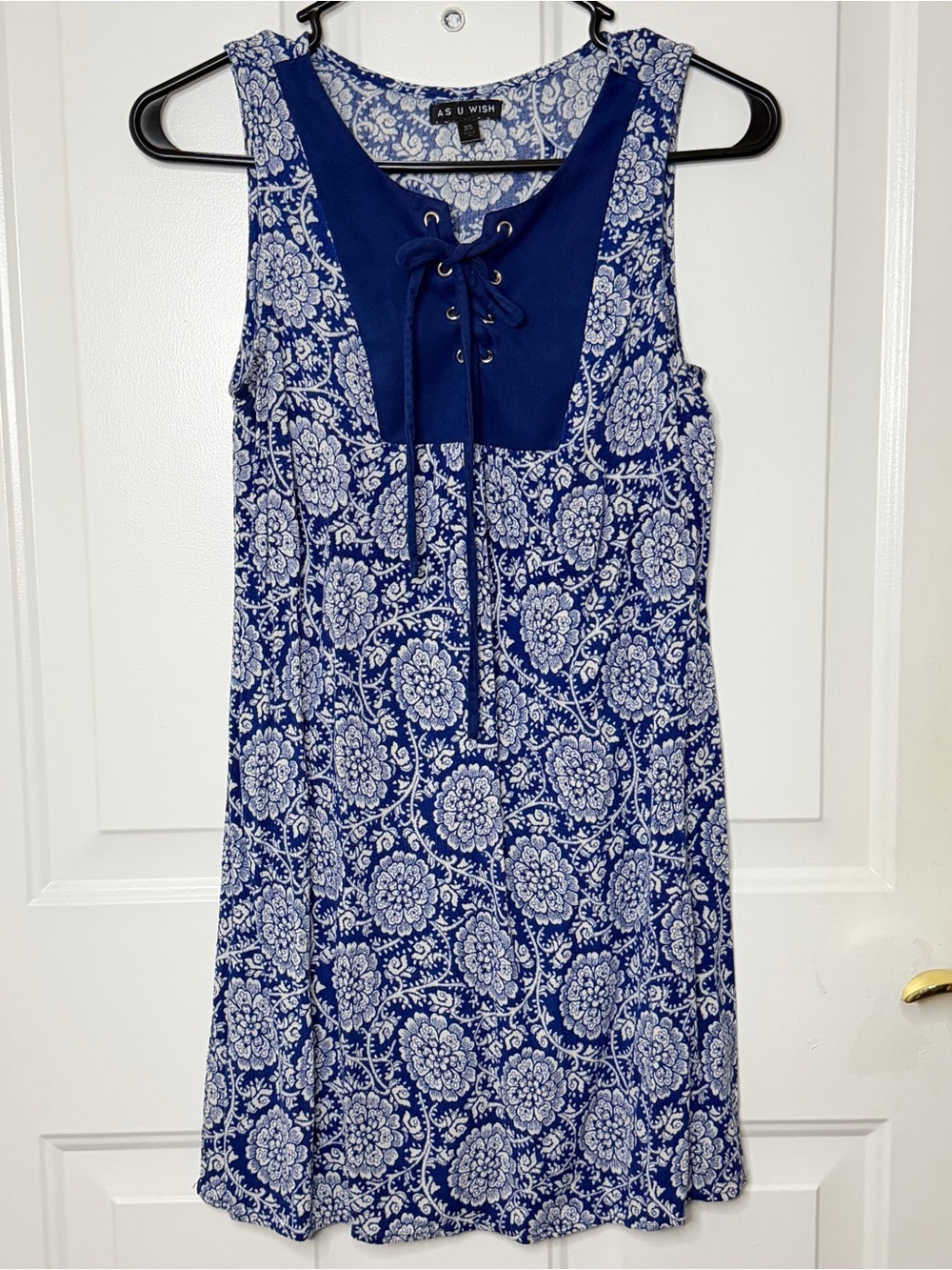 As U Wish Navy and White Lace-Up Floral Mini Dress
